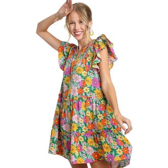 UMGEE V-Notched Floral Print Dress