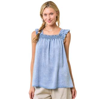 UMGEE DENIM SMOCKED TANK TOP W/ RUFFLE DETAIL