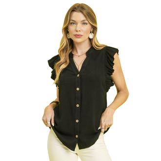 REMONTE Linen Ruffle Sleeve Button-Down Blouse