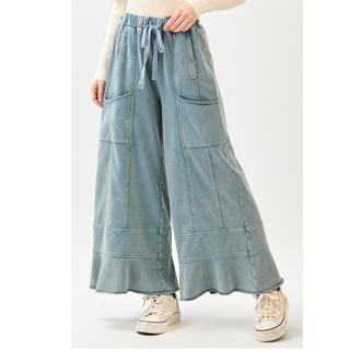 SLIMSATIONS Mineral Wash French Terry Ruffle Wide Leg Pants
