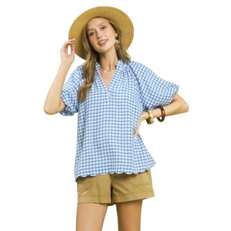 REMONTE Gingham Bubble Sleeve V-Neck Top w/ Scallop Hem