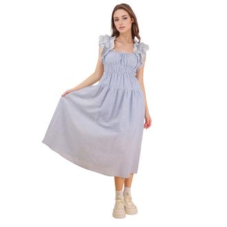 REMONTE Shoulder Ruffle Detail Stripe Midi Dress