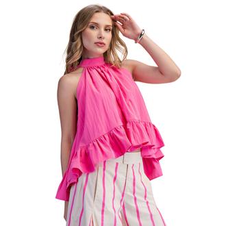 ENEWTON JEWELRY Halter Neck Sleeveless Back Neck Tie Ruffle Top