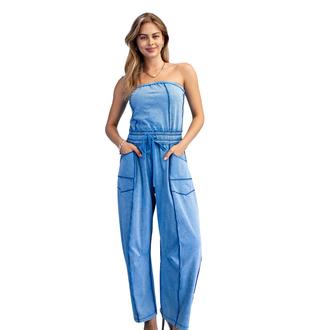 SHE AND SKY Mineral Washed Strapless Barrel Leg Jumpsuit
