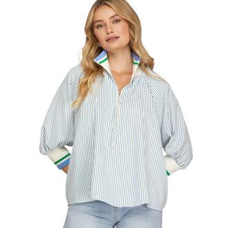 SHE AND SKY 3/4 SLEEVE HALF ZIP STRIPED TOP