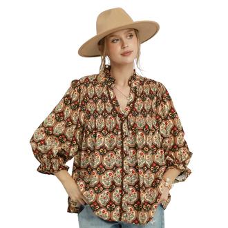 DV BY DOLCE VITA Boho Floral Medallion Print Split Neck Blouse