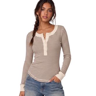 VERY J Striped Ribbed Henley Long Sleeve Top
