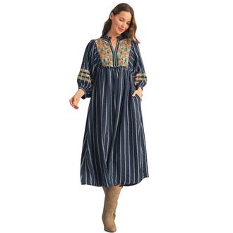 VERY J Floral Embroidered Stripe Midi Dress
